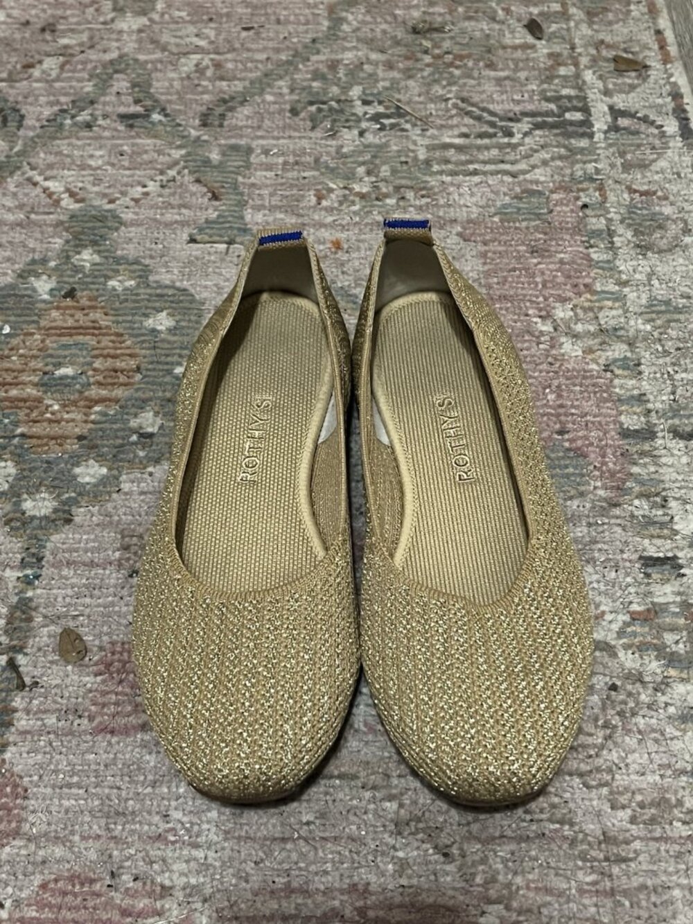 Rothy’s The Flat Ballet Slip Ons Gold Metallic Knit Size 7.5